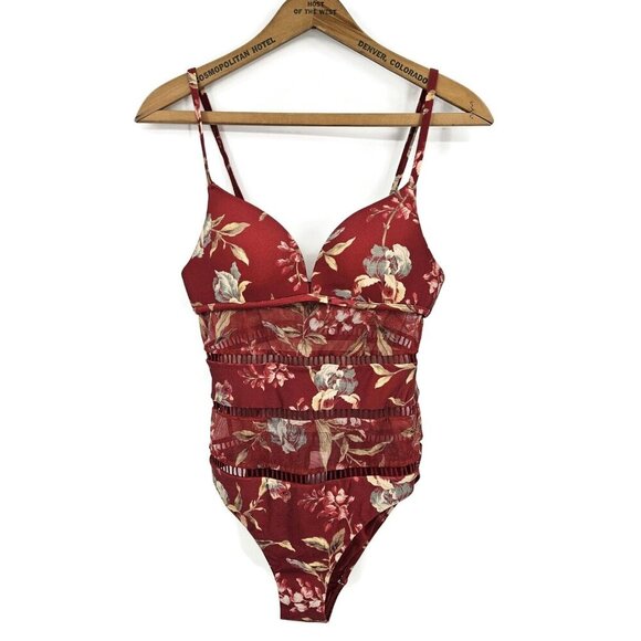Zimmermann Red Floral One Piece Swimsuit Womens 4/6 Sheer Mesh Cutouts - Picture 1 of 9
